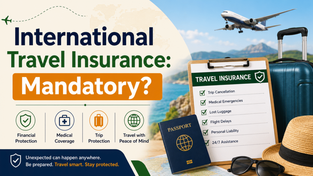 Traveler holding passport and luggage at an international airport with travel insurance protection icons.