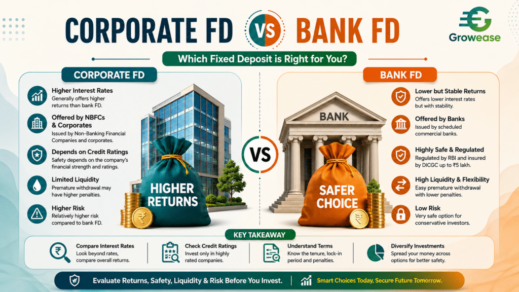 Comparison of Corporate Fixed Deposit and Bank Fixed Deposit showing differences in interest rates, safety, returns, and investment benefits.
