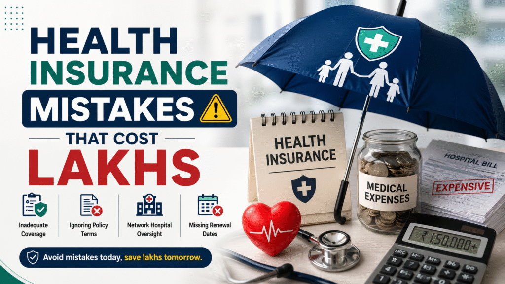 Family reviewing a health insurance policy with medical bills and financial planning documents.