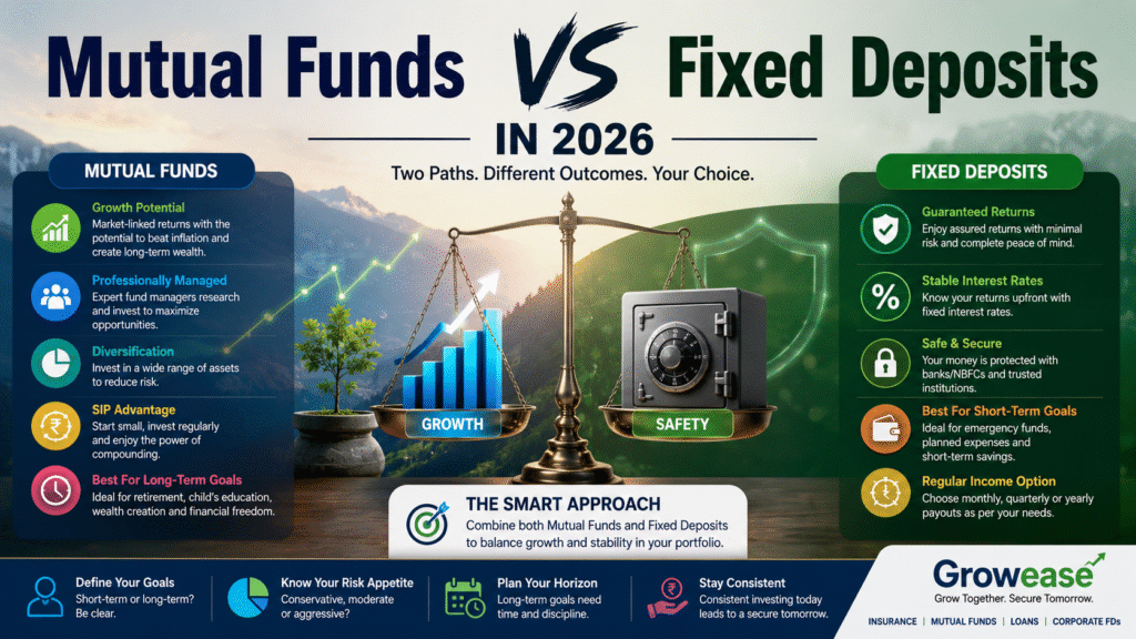 Mutual Funds vs Fixed Deposits in 2026 comparison showing growth potential, risk, returns, and investment benefits for Indian investors.