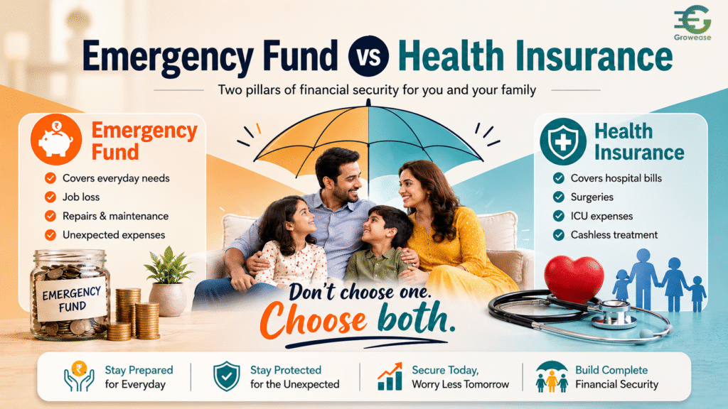 Illustration comparing an emergency fund and health insurance for complete financial protection against medical and financial emergencies.