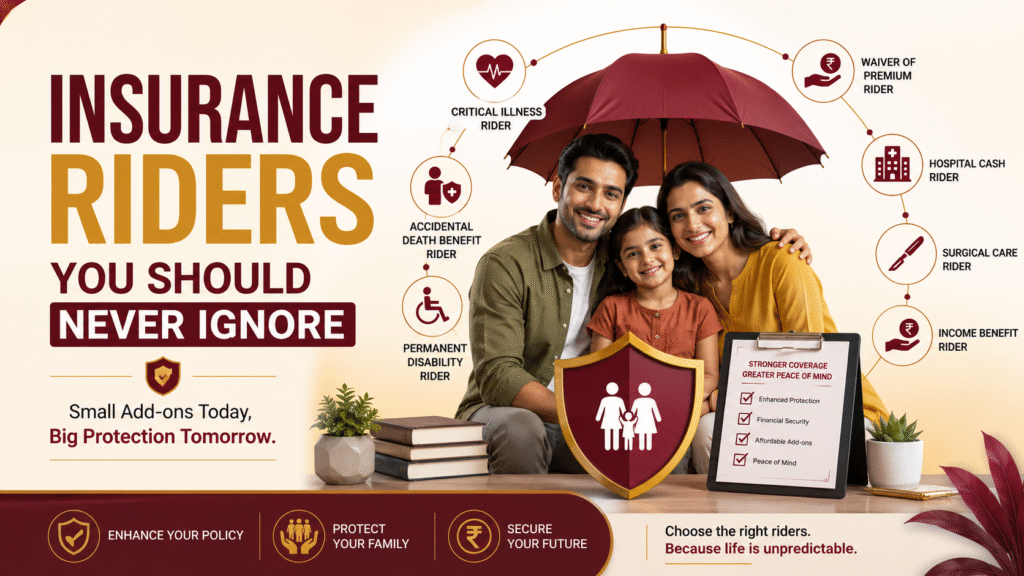Family reviewing insurance policy with essential insurance riders highlighted.
