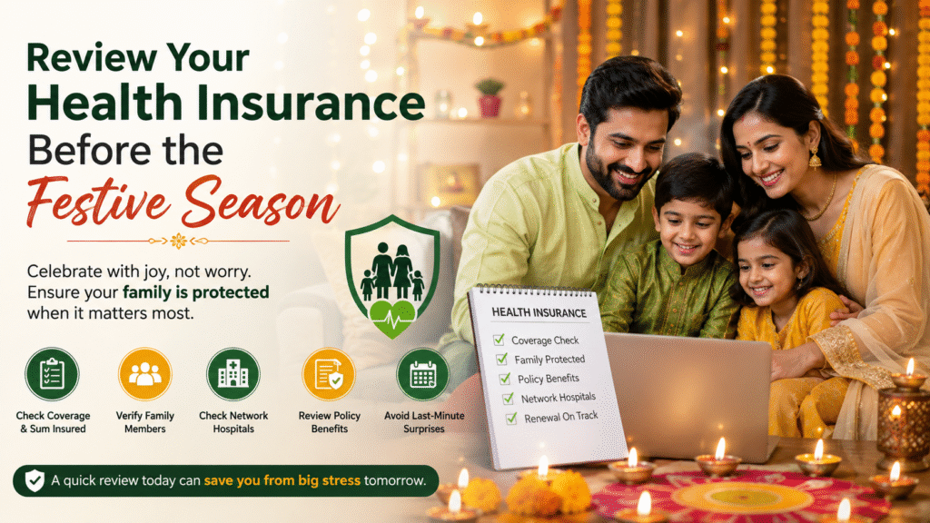 Family reviewing their health insurance policy before the festive season in India.