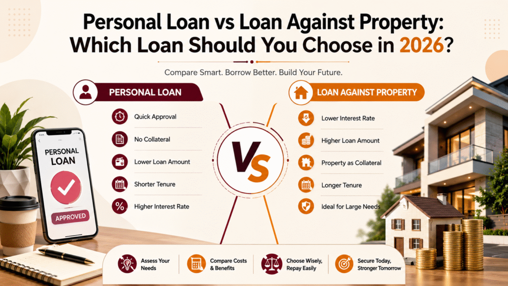 Personal Loan vs Loan Against Property comparison showing interest rates, loan amount, tenure, and collateral differences.