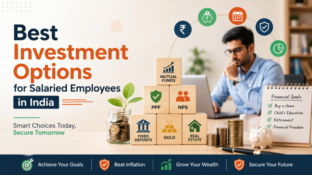 Best investment options for salaried employees in India including mutual funds, PPF, EPF, Corporate FDs, and NPS.