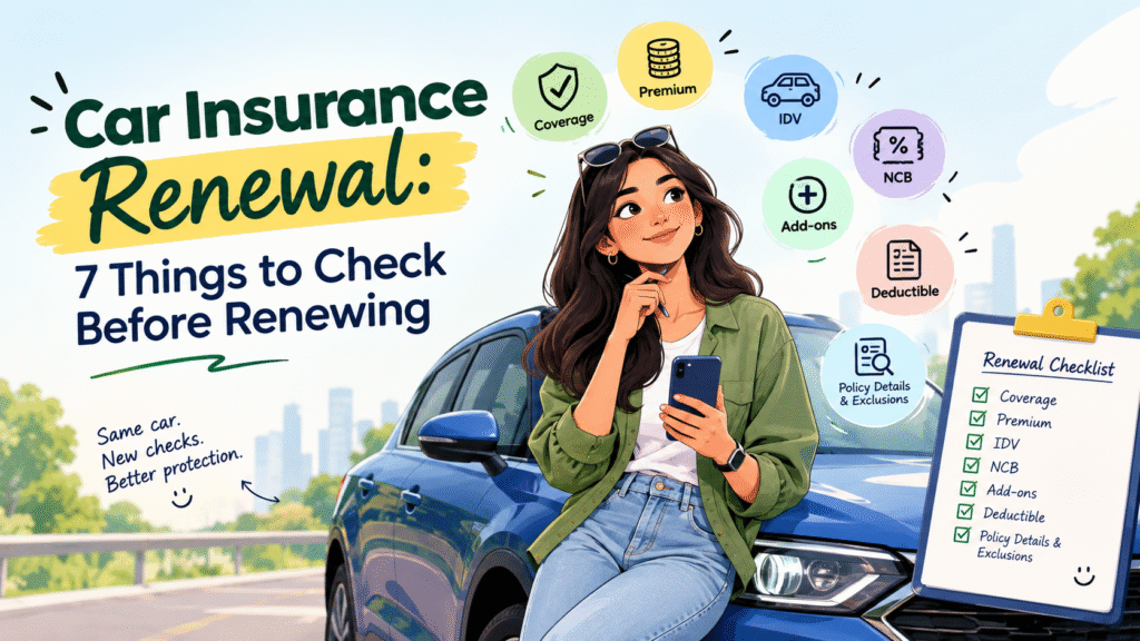 Car insurance renewal checklist showing coverage, IDV, NCB, add-ons and policy details